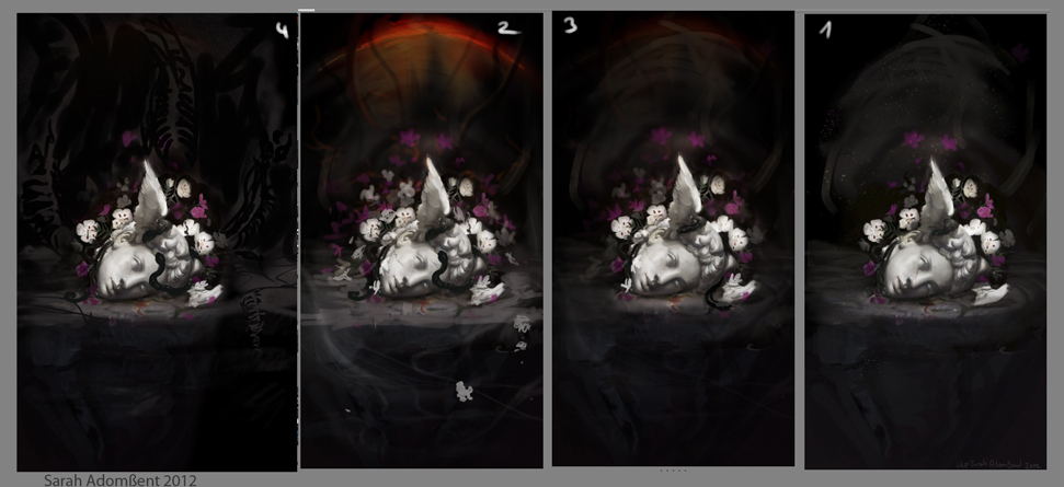 different work-in-progress versions of painting 