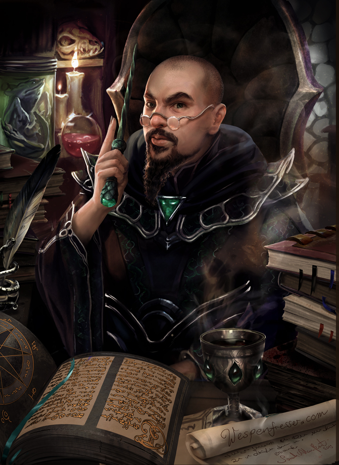 painting of a bearded mage in his candlelit study holding a wand