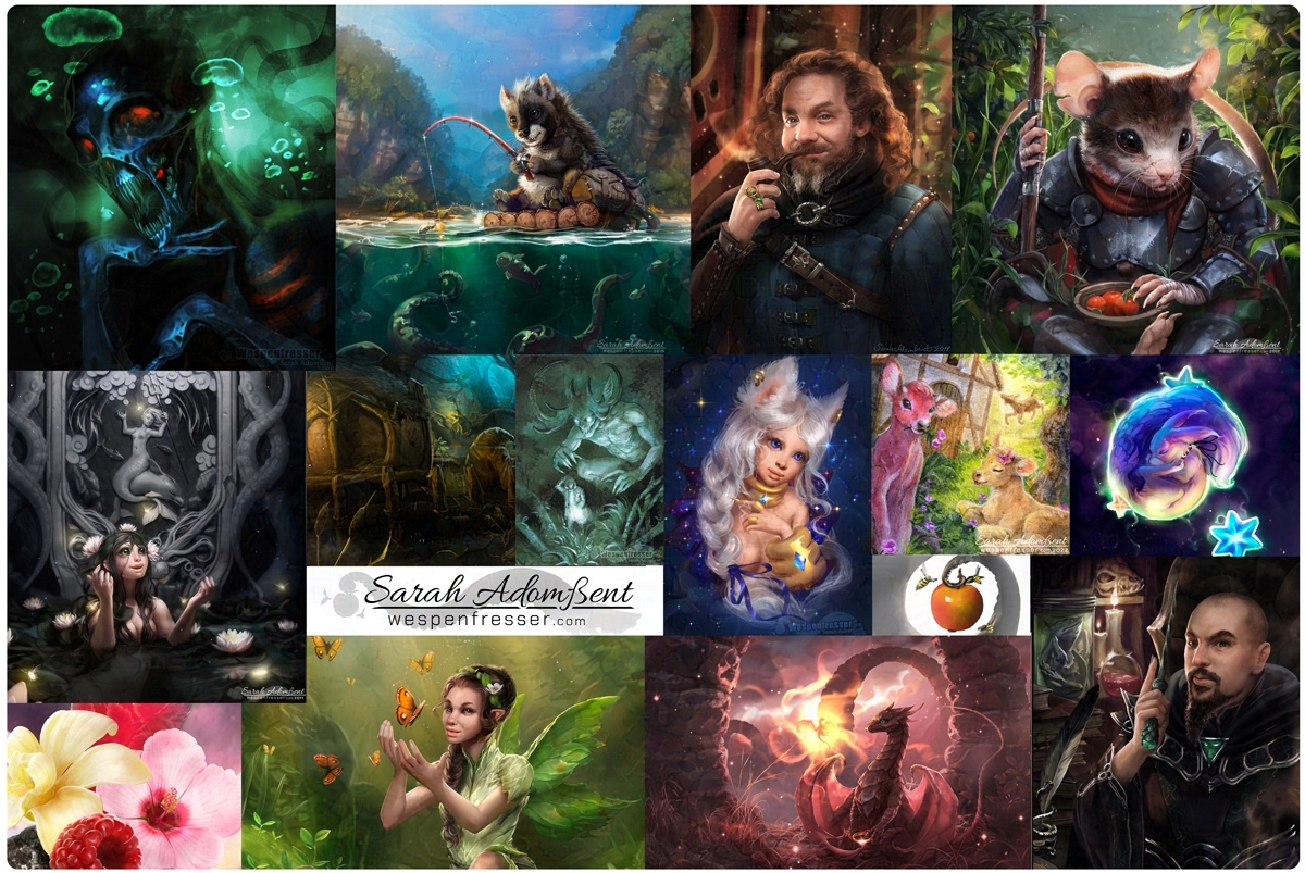 A array of digitally painted illustrations of fantasy characters and creatures. Some of thems cary, other cute. Also 2 tiny watercolor paintings.